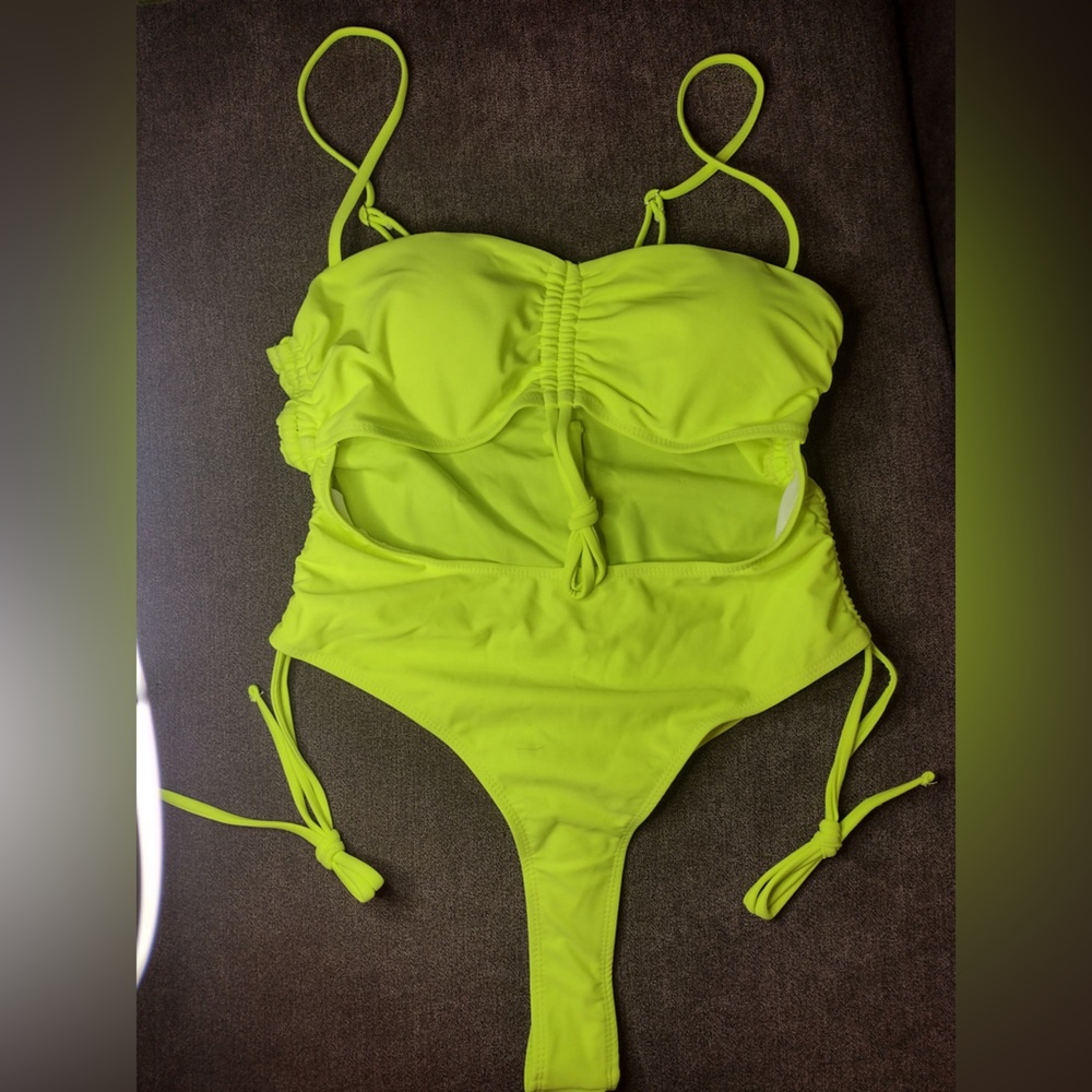 New! Neon Lime Green Open Tummy Thong One Piece Swimsuit